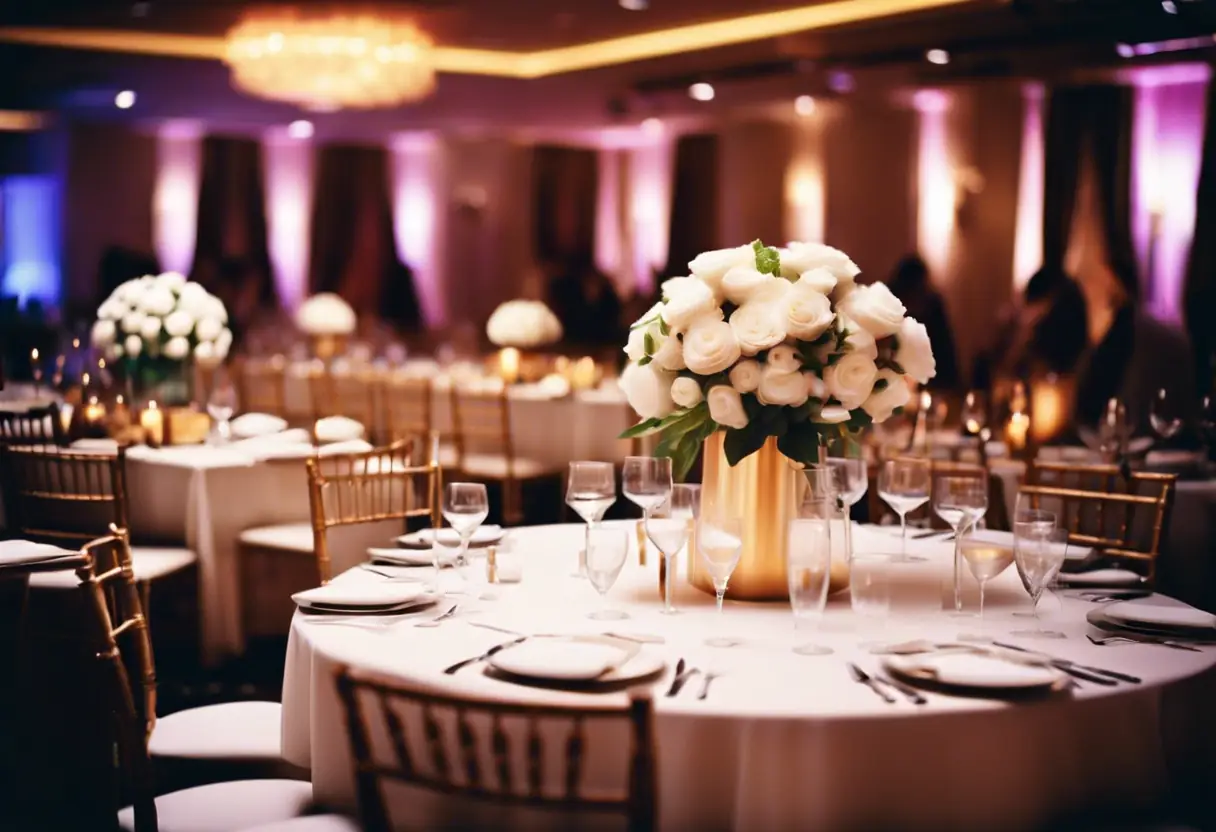 An elegantly decorated event venue with soft lighting and sophisticated seating arrangements.