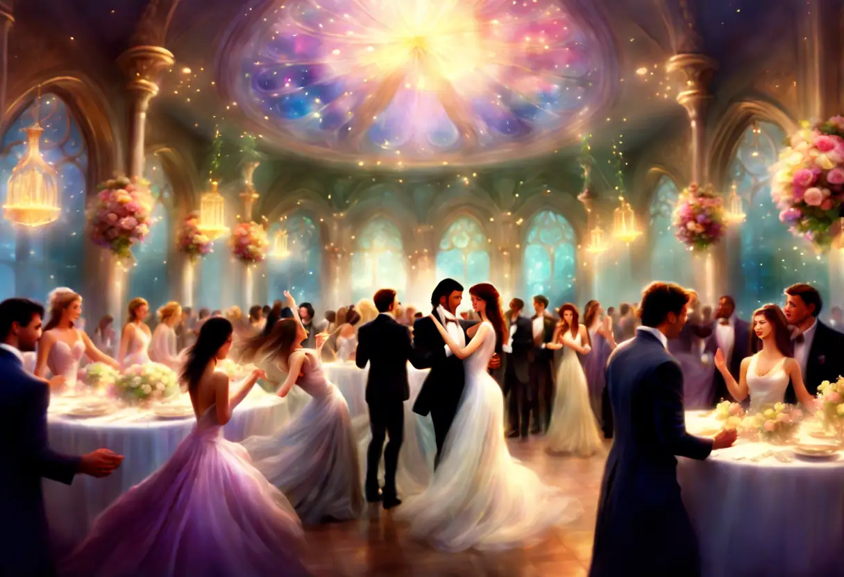 A lively wedding reception with beautiful floral arrangements.