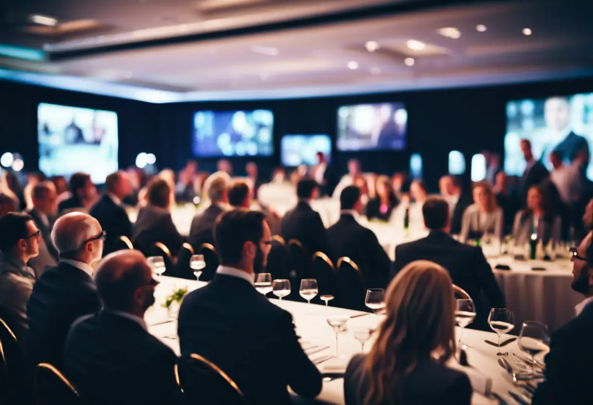 A corporate event with engaged attendees and a professional AV setup.