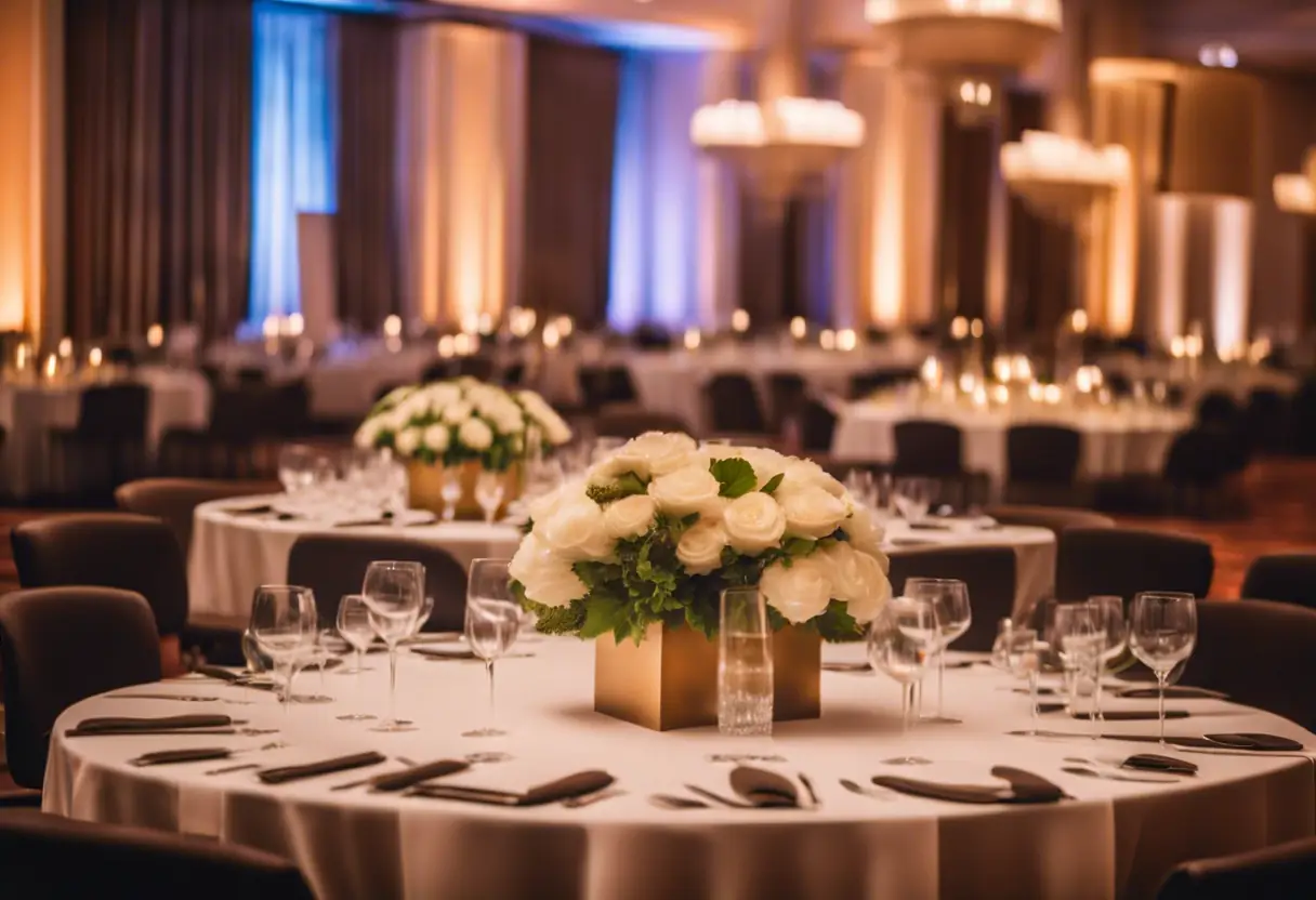 A corporate event setup with elegant lighting and decor.