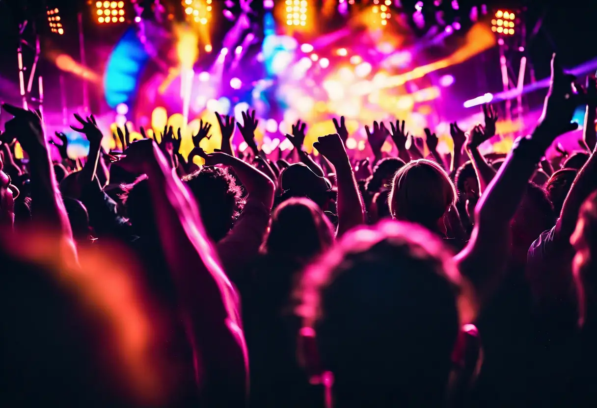 A lively music festival with a large crowd enjoying vibrant lights and a dynamic stage.